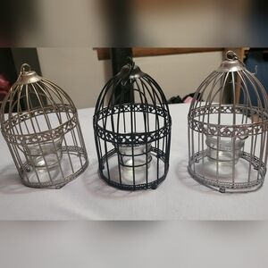 3 Elegant Black & Silver Bird Cage Tealight Candle Holders